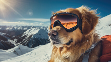 Photo of a dog in sunglasses in the snowy mountains on the winter background.