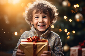 child with face expressing joy and happiness after opening a christmas present