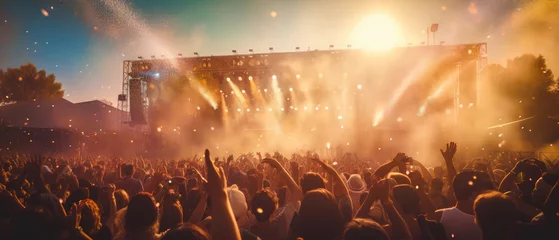 Tuinposter Music concert,festival, open air background.stage with searchlight, colorful confetti, bokeh. instrumental music.Cheering crowd with raised hands.Silhouette of people in front the scene.Generative ai. © Inai