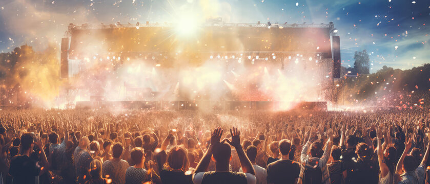 Music concert,festival, open air background.stage with searchlight, colorful confetti, bokeh. instrumental music.Cheering crowd with raised hands.Silhouette of people in front the scene.Generative ai.