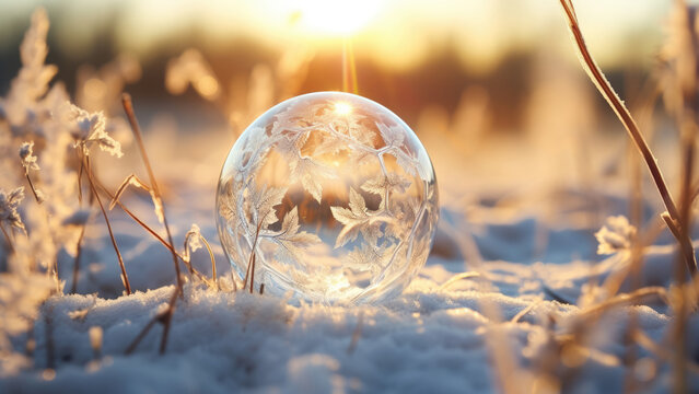 Photo of a frozen bubble in the frost in which a macro shot.