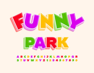 Vector colorful banner Funny Park. Trendy Bright 3D Font. Creative childish Alphabet Letters, Numbers and Symbols set.