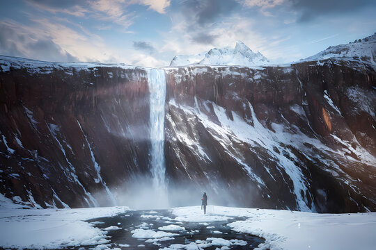 Person looking at frozen waterfall. Generative AI.