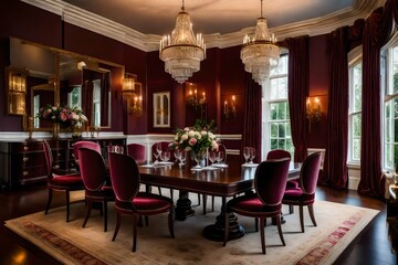 Fototapeta na wymiar interior of a luxury restaurant, A formal dining room with an elegant mahogany dining table
