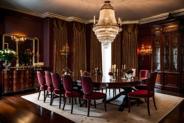 Fototapeta na wymiar interior of a restaurant, A formal dining room with an elegant mahogany dining table