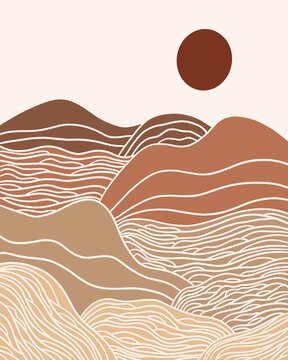 Boho Sunrise - Abstract Mountain Lines with Sunburst Radiance