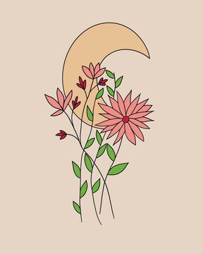 Celestial Blossoms - Minimalist Boho Moon with Delicate Flowers