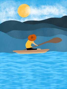 Kayaking Serenity - Minimalist Vancouver Scene with Orange Hat and Mountains