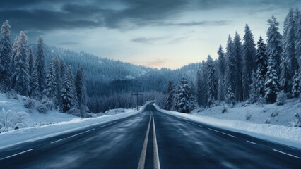 Photo of a road between winter forests in winter weather. - obrazy, fototapety, plakaty
