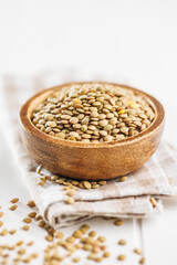 Uncooked lentil legumes in bowl on white table.