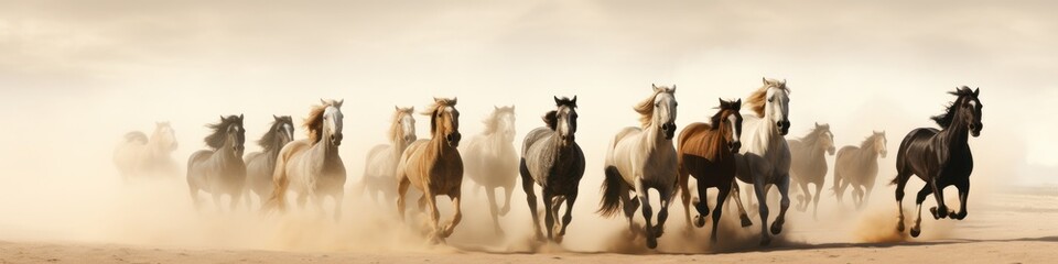 Naklejka na ściany i meble Energetic Arabian Horses Galloping Through a Sandstorm