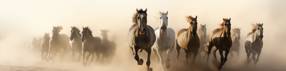 Wild mustangs galloping freely in a dusty sand storm - obrazy, fototapety, plakaty