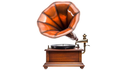 Charming Fashioned Gramophone with a Horn speaker Isolated on Transparent Background PNG.