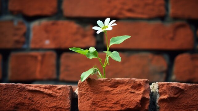 The Tenacious Flower Growing on a Red Brick Wall