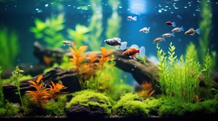 Fototapeta na wymiar Stunning Aquascape with Vibrant Fish and Efficient Aquarium Pump