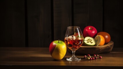 Colorful Fruit and Brandy Display on Rustic Wooden Table