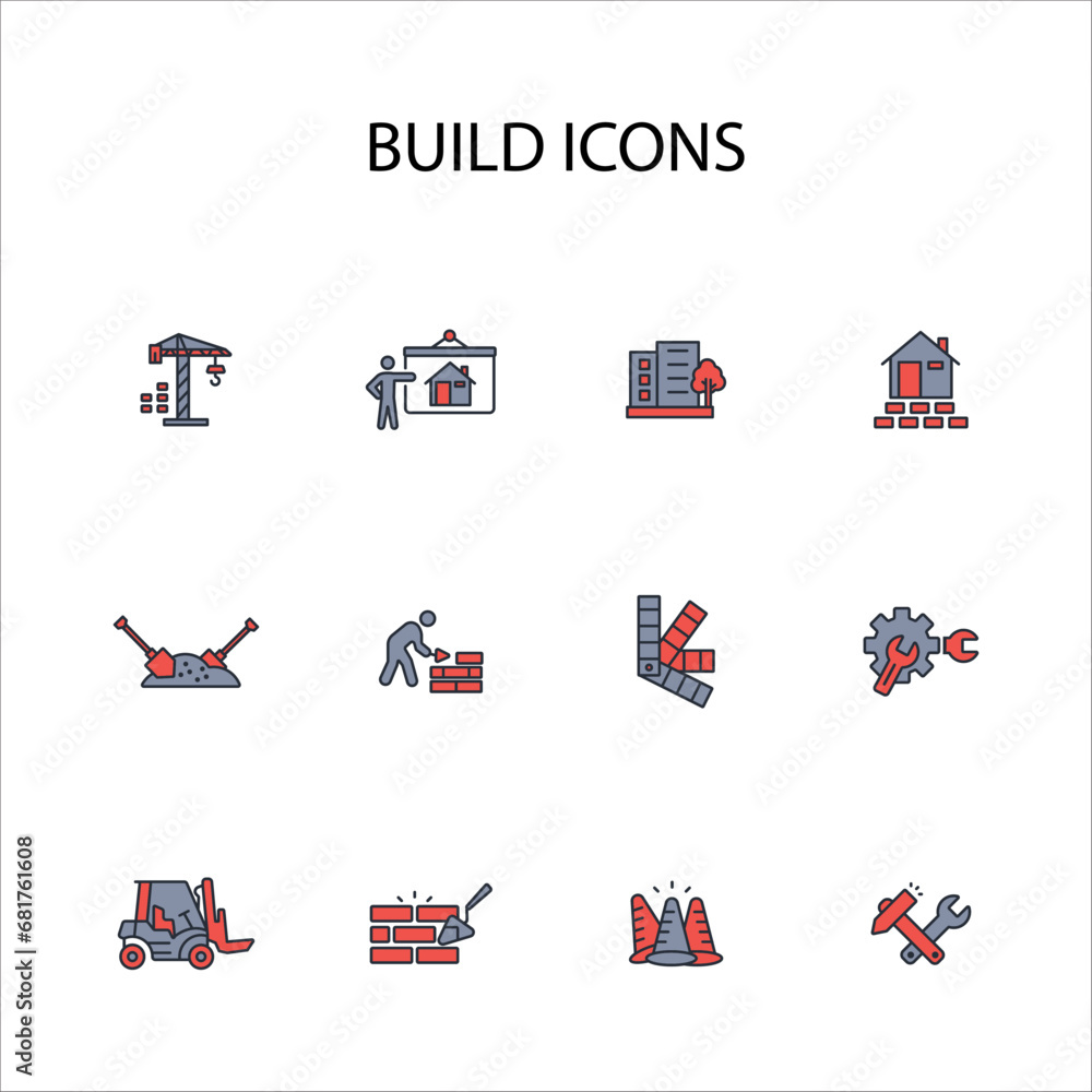 Poster build and construction icon set.vector.editable stroke.linear style sign for use web design,logo.sym