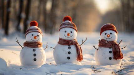 Fototapeta premium happy snowmen in winter landscape. Generative AI 