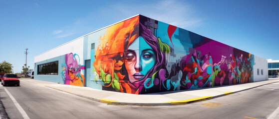 Vibrant colors come alive in this street art mural, expressing the artists creativity through a mix...
