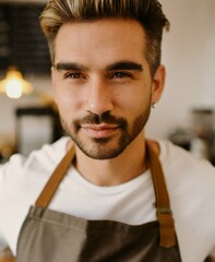Obraz premium Man working at coffee shop wearing apron, face expression closeup portrait
