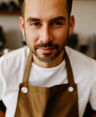Brunette handsome man working at coffee shop wearing apron, face expression closeup portrait