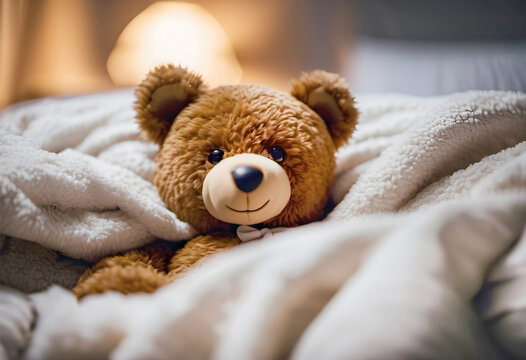 Brown teddy bear in blankets on a bed