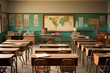 1950s-style classroom with orderly rows of wooden desks, a classic blackboard adorned with colorful posters and teaching aids, capturing the essence of retro education in a realistic photo