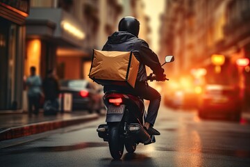 Delivery person on motorcycle carries large yellow package in busy city at sunset.