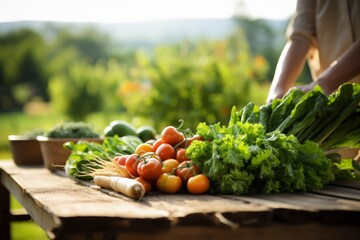 Unidentified chef picking ripe vegetables in a lush organic farm surrounded by scenic landscapes - obrazy, fototapety, plakaty