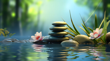 a stack or pyramid of stones, bamboo stalks near the water. a balancing pebble stone. the concept...
