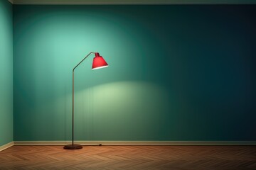 A solitary red lamp illuminates an empty room with a green wall and wooden floor.