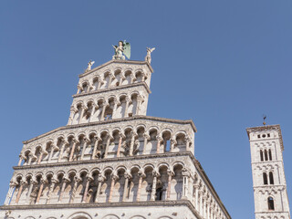 Detail of the artistic facade of the Church of Saint Michael in Foro in Lucca, Tuscany, Italy - 681762887