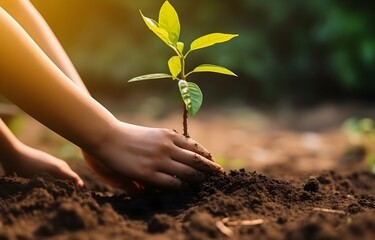 Close up woman hand planting young tree