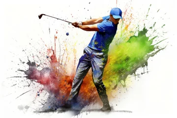Keuken spatwand met foto Detailed Golf player watercolor. Club summer flag. Generate Ai © juliars