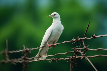 White dove of freedom on Pakistan flag background and barbed wire, concept Kashmir Solidarity Day 5th Feb