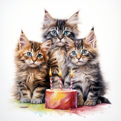 Happy birthday greeting card clip art pencil sketched illustration with Happy cats. Happy birthday animal theme oil painting illustration. For banners, posters, gift cads, advertising. AI generated.