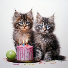 Happy birthday Happy two cats with cake greeting card clip art pencil sketched illustration, Happy birthday oil painting illustration theme. For banners, posters, advertising. AI generated.