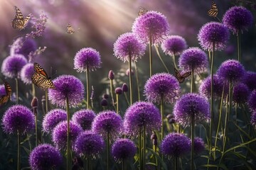 lavender field in region, A lush flowerbed bursting with vibrant purple allium flowers and fluttering butterflies - obrazy, fototapety, plakaty