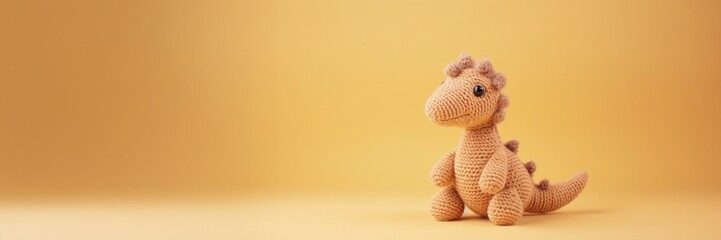 Cute Knitted dinosaur doll – amigurumi toy isolated on trendy pink orange background with copy...