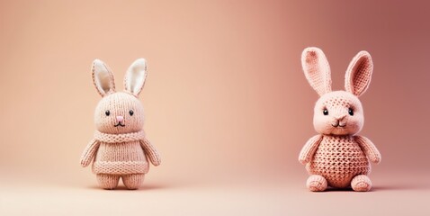 Pink knitted bunny on a pastel pink background with copy space.