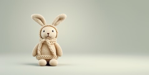 Pink knitted bunny on a pastel gray background with copy space.