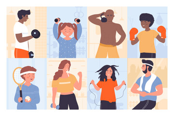 Sport workout and healthy physical exercises of people in gym set vector illustration. Cartoon characters training body muscles with motivation, holding dumbbell and ball, tools in fitness club