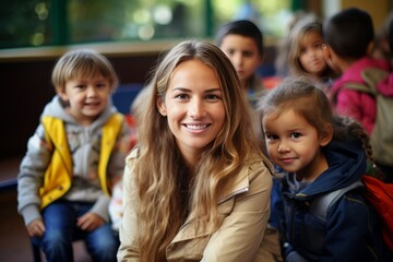 Friendly Teacher Interacting with Engaged Students in an Elementary School Classroom