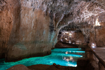 Inner lake of Valporquero Cave, Leon in Spain - 681764816