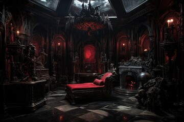 Gothic vampire room. Medieval house. Generate Ai