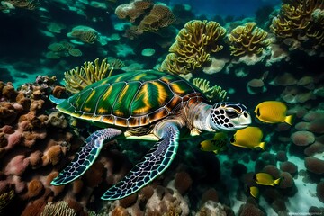 Fototapeta na wymiar turtle swimming in the sea, A magnificent green sea turtle gracefully glides through the crystal-clear waters of a vibrant coral reef