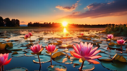 Landscape sunset on lake with beautiful pink lotus flowers, concept Vesak day - obrazy, fototapety, plakaty