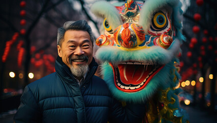 Mature Chinese man posing and smiling next to traditional Chinese puppet in the street. Chinese New Year concept