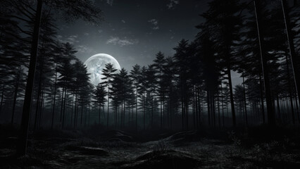 Photo of forest and trees at night against the background of a shining and full moon.