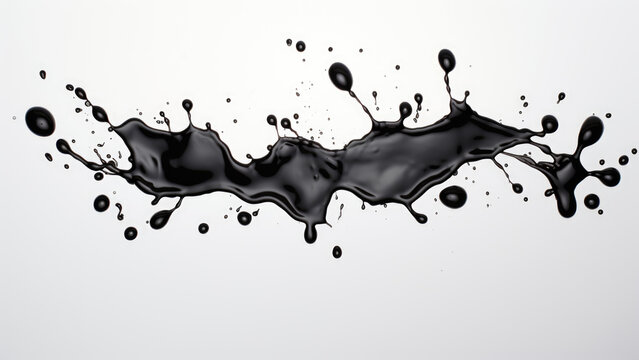Photo of splashes and drops of black color on a white background.